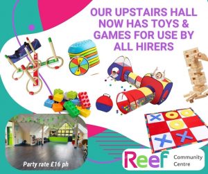 Toys & games available with the upstairs hall hire